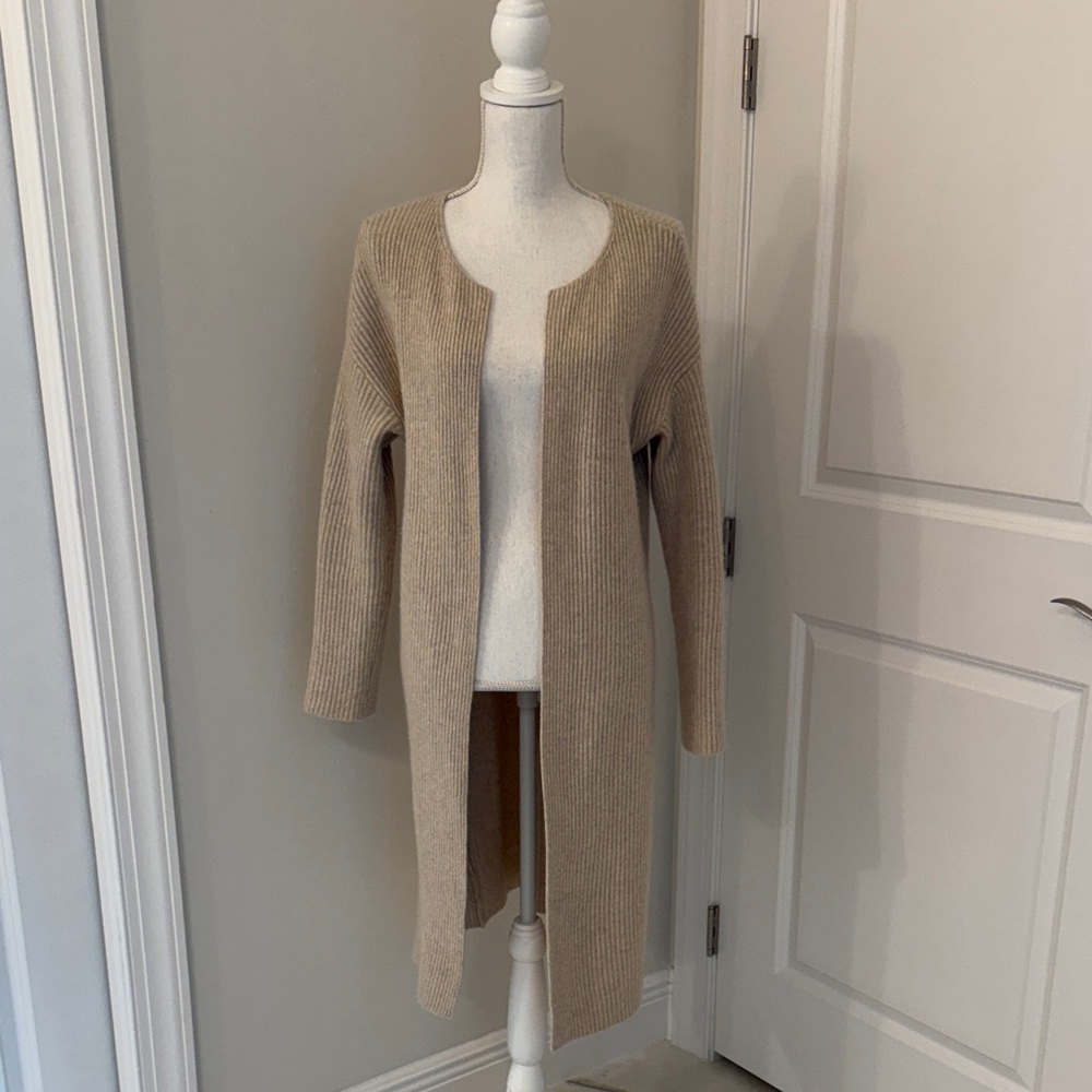Halogen Beige Cashmere Ribbed Open-Front Cardigan